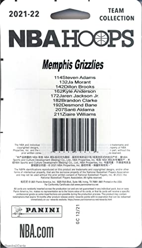 2021-22 Panini Hoops Memphis Grizzlies Factory Team Set of 9 Cards: Steven Adams(#114), Ja Morant(#132), Dillon Brooks(#142), Kyle Anderson(#162), Jaren Jackson Jr.(#172), Brandon Clarke(#182), Desmond Bane(#192); Santi Aldama (#207), Ziaire Williams (#21
