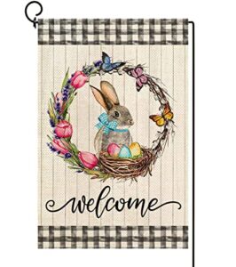 baccessor easter bunny garden flag double sided tulip wreath welcome buffalo plaid egg cute rabbit yard flag for spring holiday outdoor outside decoration 12.5×18 inch
