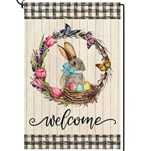 Baccessor Easter Bunny Garden Flag Double Sided Tulip Wreath Welcome Buffalo Plaid Egg Cute Rabbit Yard Flag for Spring Holiday Outdoor Outside Decoration 12.5x18 Inch