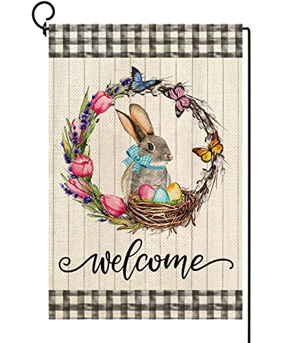 Baccessor Easter Bunny Garden Flag Double Sided Tulip Wreath Welcome Buffalo Plaid Egg Cute Rabbit Yard Flag for Spring Holiday Outdoor Outside Decoration 12.5x18 Inch