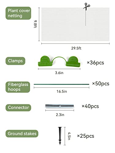 50Pcs 17in Greenhouse Hoops Kit with 9.8 x 29.5 ft Plant Cover Netting, Detachable Fiberglass Grow Tunnel Frame for DIY Plant Support Indoor Outdoor Garden Raised Bed