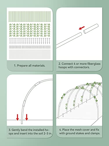 50Pcs 17in Greenhouse Hoops Kit with 9.8 x 29.5 ft Plant Cover Netting, Detachable Fiberglass Grow Tunnel Frame for DIY Plant Support Indoor Outdoor Garden Raised Bed