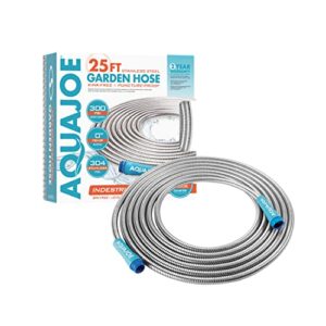 aqua joe ajsgh25-p2 heavy-duty puncture proof kink-free metal garden hose, 25-foot, 304-stainless steel, spiral constructed, 1/2-inch diameter