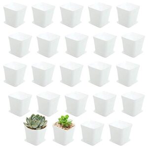 ojyudd 3inch white square plastic plant pots with saucer,24 pcs plastic flower pots for plants,plant pots with drainage hole for home,company,office and garden(white)