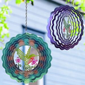 glintoper 2 pack hummingbird wind spinners, 12 inch stainless steel 3d laser cut sun catcher metal art, indoor outdoor hanging garden decoration colorful crafts ornaments wind spinner