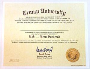 trump university bs (been suckered)”certificate” via mad magazine plus 2 bumper stickers