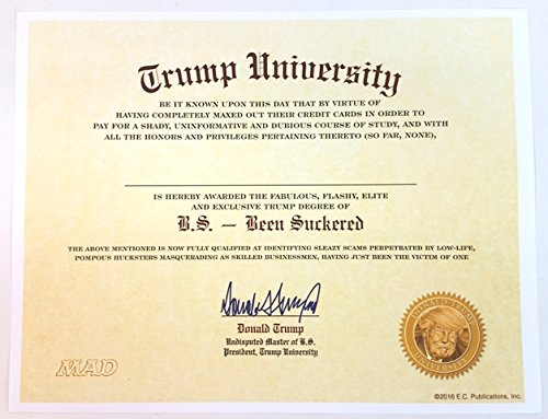 Trump University BS (Been Suckered)"Certificate" via MAD Magazine plus 2 Bumper Stickers