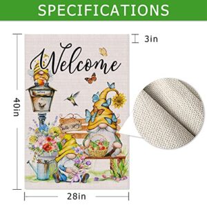 Spring Flag 28 X 40 Double Sided, Large Gnome Welcome Garden Flag for Outdoor, Decorative House Flag, Spring Summer Burlap Garden Gnome Decor, Farmhouse Seasonal Spring Garden Flag for Yard Outside