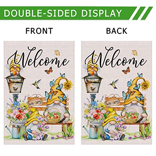 Spring Flag 28 X 40 Double Sided, Large Gnome Welcome Garden Flag for Outdoor, Decorative House Flag, Spring Summer Burlap Garden Gnome Decor, Farmhouse Seasonal Spring Garden Flag for Yard Outside