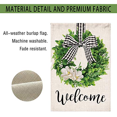 Hexagram Boxwood Wreath Welcome Garden Flag,Burlap Garden Flag Double Sided Summer Fall Buffalo Plaid Bow Yard Ourdoor Farmhouse Decor,Small Garden Flag 12x18 Prime