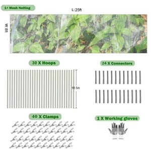 Garden Mesh Netting Kit,8x25 Ft Plant Protection Covers with 30pcs Greenhouse Garden Hoops,Ultra Fine Mesh Netting Cover for Vegetable Plants,Animals Birds Barrier Garden Netting Kit