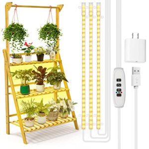 bamboo plant stand with grow lights multiple flower ladder planter pot holder hanging plant shelf rack display organizer for indoor outdoor patio garden corner balcony living room tall 3tier 12 potted