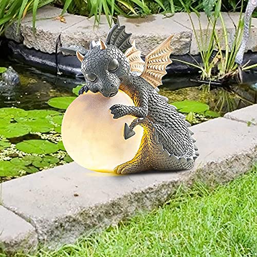 G Ganen Garden Dragon Statue, Resin Dinosaur Outdoor Sculptures - Cute Garden Dragon Figurines with LED Lights for Home Decor, Patio Lawn Yard Decor