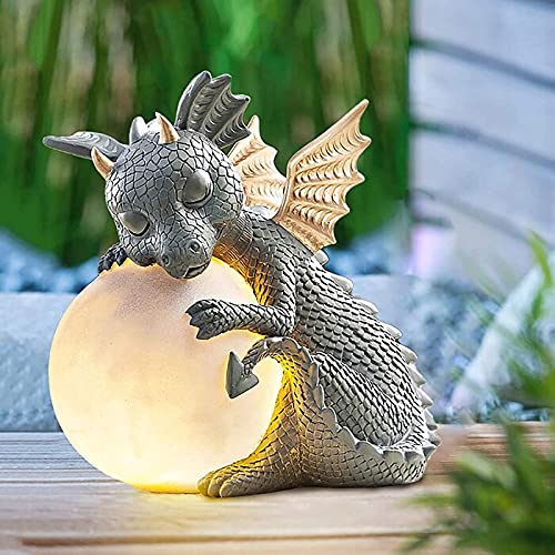 G Ganen Garden Dragon Statue, Resin Dinosaur Outdoor Sculptures - Cute Garden Dragon Figurines with LED Lights for Home Decor, Patio Lawn Yard Decor