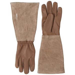 amazon basics leather gardening gloves with forearm protection, brown, large