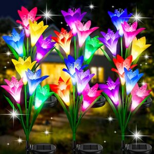 solar flower lights outdoor garden decor 6 pack, kubace upgraded waterproof solar garden lights with 24 bigger lily flowers, 7 color changing outdoor solar lights for yard patio backyard outdoor decor