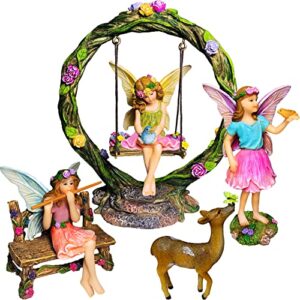 mood lab fairy garden kit – swing set of 6 pcs miniature figurines & accessories – hand painted for outdoor or house decor