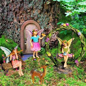 Mood Lab Fairy Garden Kit - Swing Set of 6 pcs Miniature Figurines & Accessories - Hand Painted for Outdoor or House Decor