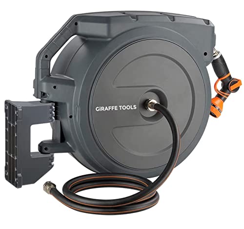 Giraffe Tools AW405/8MB Retractable Hose Reel 5/8 inch x 90 ft PRO Metal Bracket Wall Mounted Garden Hose Reel Heavy Duty with Automatic Rewind, 90ft, Dark Grey