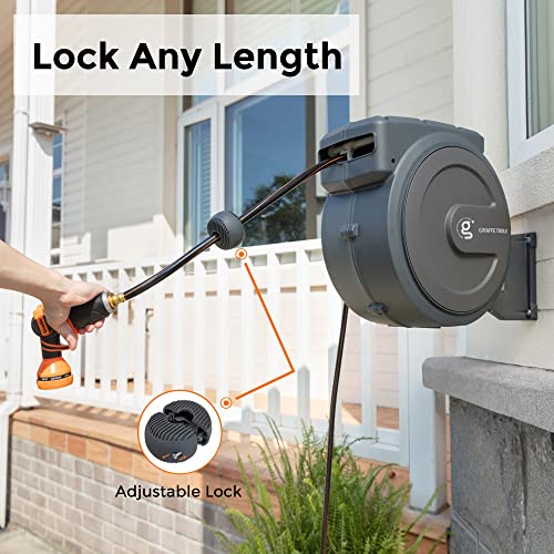 Giraffe Tools AW405/8MB Retractable Hose Reel 5/8 inch x 90 ft PRO Metal Bracket Wall Mounted Garden Hose Reel Heavy Duty with Automatic Rewind, 90ft, Dark Grey