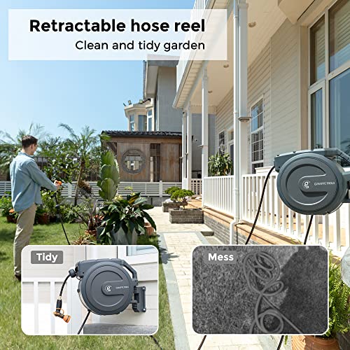 Giraffe Tools AW405/8MB Retractable Hose Reel 5/8 inch x 90 ft PRO Metal Bracket Wall Mounted Garden Hose Reel Heavy Duty with Automatic Rewind, 90ft, Dark Grey