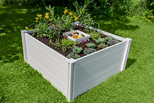 Vita Classic 4 Foot x 4 Foot x 22 inch Keyhole Garden Bed with Composting Basket, White, PVC, BPA and Pthalate Free, VT17101