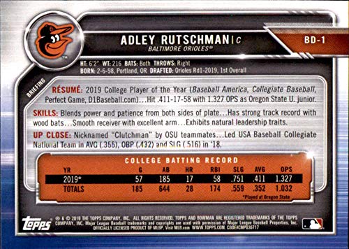 2019 Bowman Draft Baseball #BD-1 Adley Rutschman Baltimore Orioles Official MLB Trading Card produced by Topps