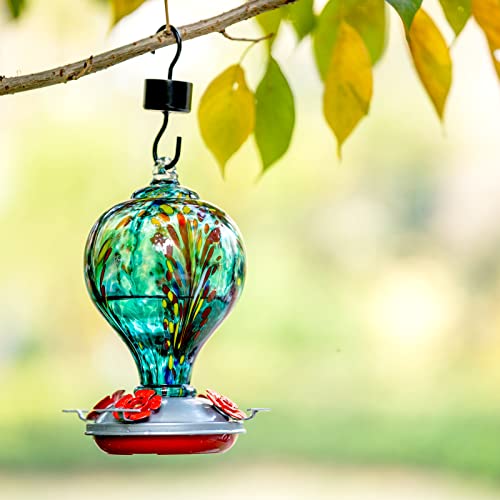 LaElvish Garden Gifts for Mom Mothers Day, Hummingbird Feeders for Outdoors Hanging, 32OZ Glass Hummingbird Feeder with Ant Moat, Patio Yard Porch Decor (Teal Blue)
