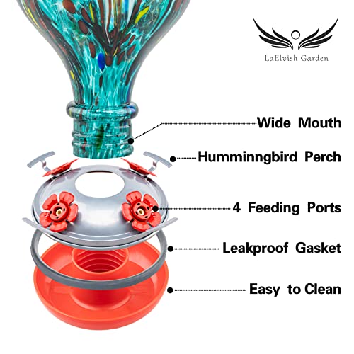 LaElvish Garden Gifts for Mom Mothers Day, Hummingbird Feeders for Outdoors Hanging, 32OZ Glass Hummingbird Feeder with Ant Moat, Patio Yard Porch Decor (Teal Blue)