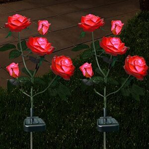 xlux outdoor solar powered rose lights, decorative flower lamp, for garden yard patio pathway lighting, rainproof, red 2 pack