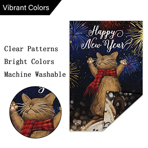 Happy New Year Cat Garden Flag 12x18 Double Sided Vertical, Burlap Small Celebration Fireworks Clock Welcome New Year Eve Yard Flag Sign (ONLY FLAG)