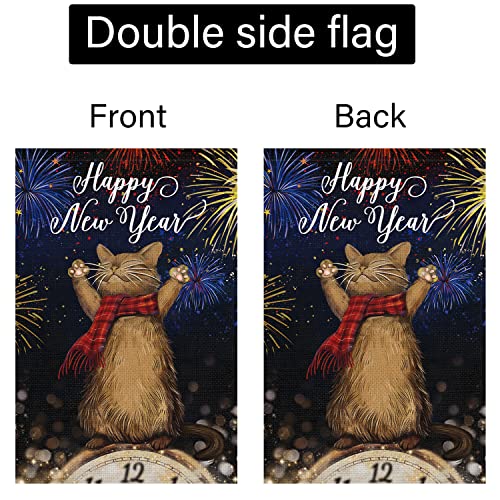 Happy New Year Cat Garden Flag 12x18 Double Sided Vertical, Burlap Small Celebration Fireworks Clock Welcome New Year Eve Yard Flag Sign (ONLY FLAG)