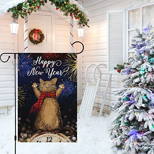 Happy New Year Cat Garden Flag 12x18 Double Sided Vertical, Burlap Small Celebration Fireworks Clock Welcome New Year Eve Yard Flag Sign (ONLY FLAG)