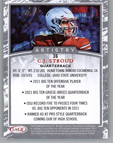 2022 SAGE Artistry Silver #36 C.J. Stroud Ohio State Buckeyes RC Rookie Football Trading Card