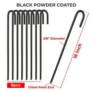 NHZ 16” Ground Rebar Stakes (8pcs) Heavy Duty J Hook Ground Anchors, Curved Steel Plant Support Garden Stake with Chisel Point end, Hammer Through Hard Soil for Camping Tent - Black Powder Coated