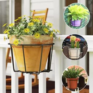 6 Pcs Round Hanging Railing Planters Basket, Metal Flower Pot Holder, Planter Potted Stand Iron Rack Fence Support Stand Shelf with Detachable Hook for Balcony, Garden, Indoor and Outdoor, Black