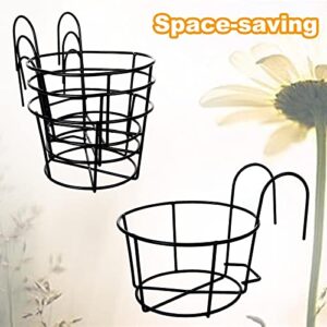 6 Pcs Round Hanging Railing Planters Basket, Metal Flower Pot Holder, Planter Potted Stand Iron Rack Fence Support Stand Shelf with Detachable Hook for Balcony, Garden, Indoor and Outdoor, Black