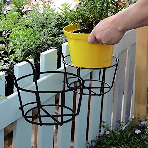 6 Pcs Round Hanging Railing Planters Basket, Metal Flower Pot Holder, Planter Potted Stand Iron Rack Fence Support Stand Shelf with Detachable Hook for Balcony, Garden, Indoor and Outdoor, Black