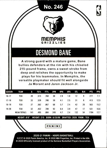 2020-21 NBA Hoops #246 Desmond Bane RC Rookie Memphis Grizzlies Official Panini Basketball Trading Card (Stock Photo, NM-MT Condition)