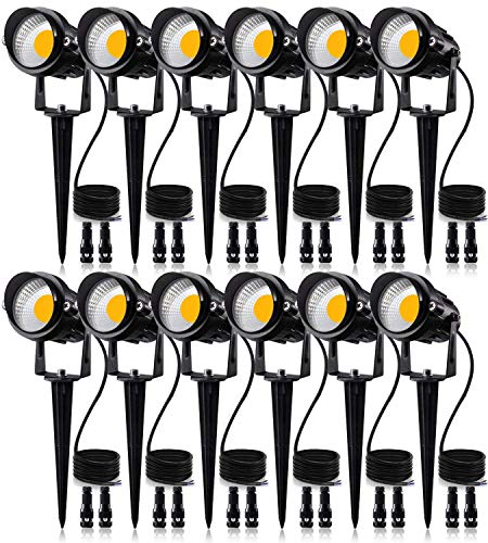 SUNVIE 12W Low Voltage LED Landscape Lights with Connectors, Outdoor 12V Super Warm White (900LM) Waterproof Garden Pathway Lights Wall Tree Flag Spotlights with Spike Stand (12 Pack with Connector)