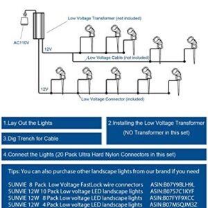 SUNVIE 12W Low Voltage LED Landscape Lights with Connectors, Outdoor 12V Super Warm White (900LM) Waterproof Garden Pathway Lights Wall Tree Flag Spotlights with Spike Stand (12 Pack with Connector)