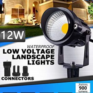 SUNVIE 12W Low Voltage LED Landscape Lights with Connectors, Outdoor 12V Super Warm White (900LM) Waterproof Garden Pathway Lights Wall Tree Flag Spotlights with Spike Stand (12 Pack with Connector)