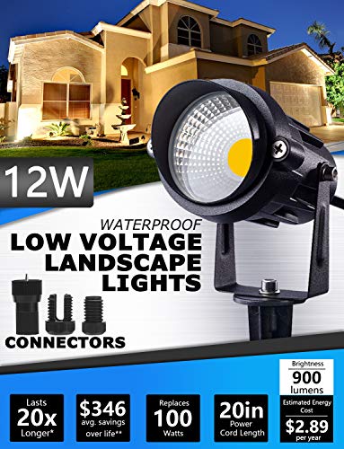 SUNVIE 12W Low Voltage LED Landscape Lights with Connectors, Outdoor 12V Super Warm White (900LM) Waterproof Garden Pathway Lights Wall Tree Flag Spotlights with Spike Stand (12 Pack with Connector)