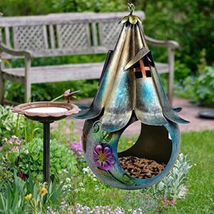 Solar Wild Bird Feeder, Wrought Iron Garden Hanging Ornament Birdhouse, Bird Feeder for Outdoors Hanging Solar Garden Lantern Bird House with S Hook as Gift Ideas for Bird Lovers (A)