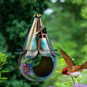 Solar Wild Bird Feeder, Wrought Iron Garden Hanging Ornament Birdhouse, Bird Feeder for Outdoors Hanging Solar Garden Lantern Bird House with S Hook as Gift Ideas for Bird Lovers (A)