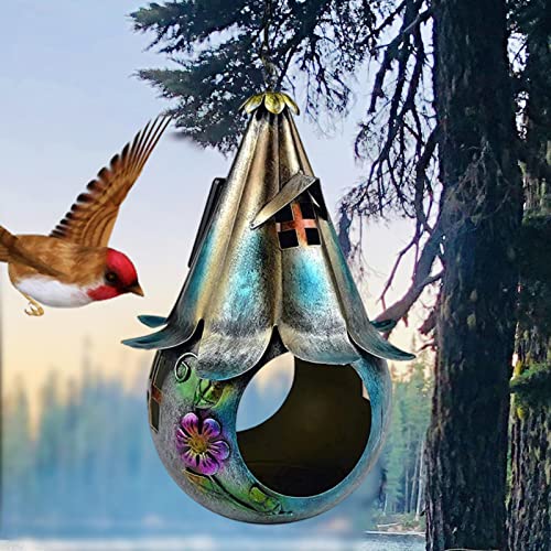 Solar Wild Bird Feeder, Wrought Iron Garden Hanging Ornament Birdhouse, Bird Feeder for Outdoors Hanging Solar Garden Lantern Bird House with S Hook as Gift Ideas for Bird Lovers (A)