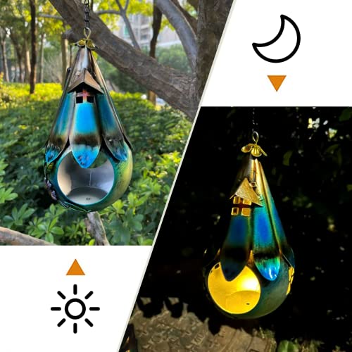 Solar Wild Bird Feeder, Wrought Iron Garden Hanging Ornament Birdhouse, Bird Feeder for Outdoors Hanging Solar Garden Lantern Bird House with S Hook as Gift Ideas for Bird Lovers (A)