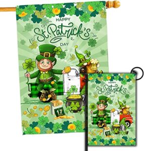 q-leo st patricks day flag, set 2 house flag 28 x 40 and garden flag 12×18 double side, st. patrick’s day flags with leprechaun gnomes shamrock clover green hat welcome signs for outdoor decor