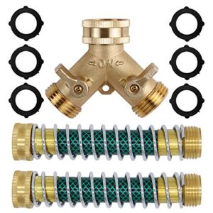 triumpeek 3/4″ brass 2 way hose splitter, brass 2 way garden hose connector with 2 pcs garden hose coiled spring protectors and 6 rubber washers