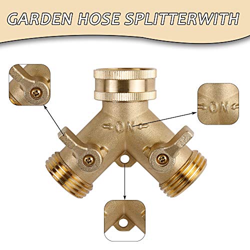 Triumpeek 3/4" Brass 2 Way Hose Splitter, Brass 2 Way Garden Hose Connector with 2 Pcs Garden Hose Coiled Spring Protectors and 6 Rubber Washers